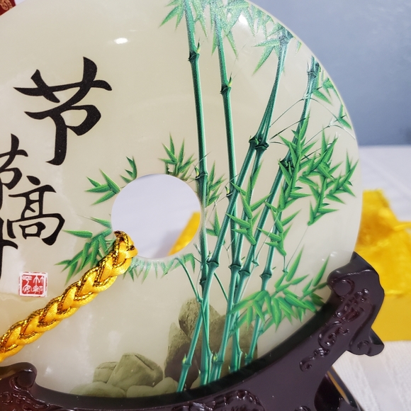 Genuine Jade Display Plate Bamboo Print With Floral Oriental Vase Stand - Picture 11 of 13